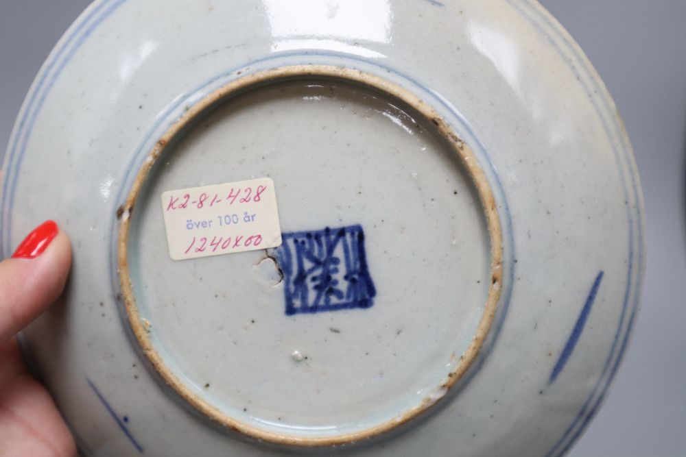 A Chinese blue and white jar, a dish and an Indian porcelain box and cover, tallest 20cm